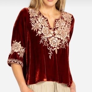Johnny Was Heavily Embroidered Olenna Velvet 3/4 Sleeve Flutter Top Size Large